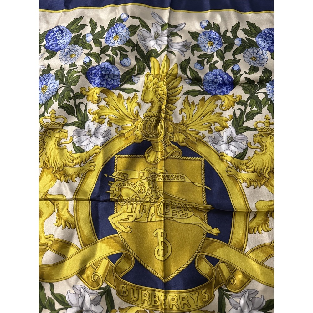 Vintage Burberry Large Coat Of Arms Lion Floral Silk Scarf Vintage - Picture 8 of 14